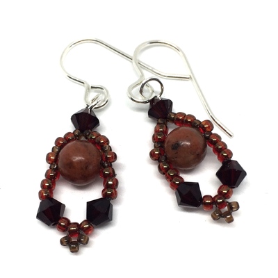 Red Poppy Jasper and Dark Red Crystal Dangle Earrings on Sterling Silver