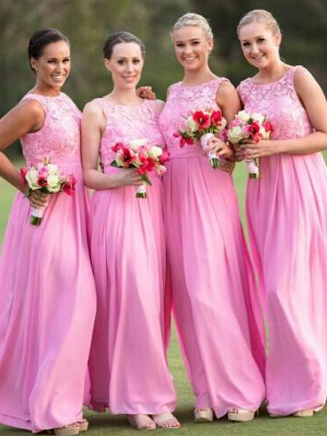 pink bridesmaid dresses,A-line Scoop Floor-length Chiffon Bridesmaid Dresses Party Dresses SKY626