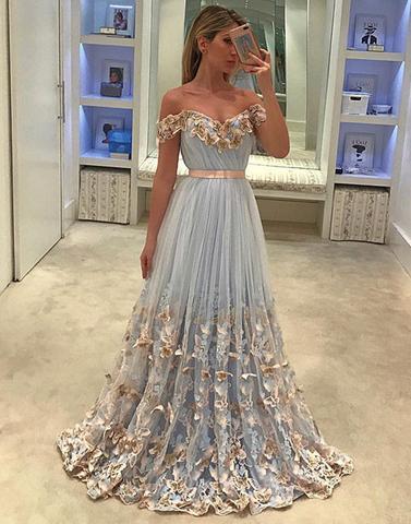 Unique  strapless tulle light blue long prom dress, tulle evening dress