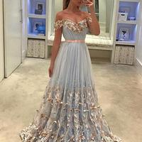 Unique  strapless tulle light blue long prom dress, tulle evening dress - Thumbnail 1