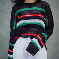 Retro See-through Striped Knitted Sweater - Thumbnail 2