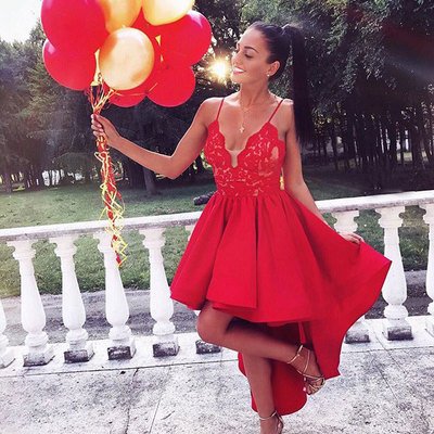 Red lace V neck high low prom dress, red evening dress