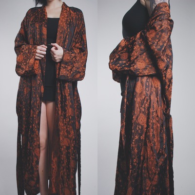 Claimed @ nicecube  - vintage 70s black and orange metallic floral maxi kimono robe 