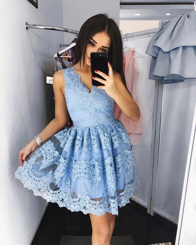 Cute blue v neck lace short prom dress, blue homecoming dress