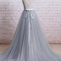 Gorgeous Tulle and Lace Light Grey Prom Gowns, Wedding Dresses, Tulle Gowns - Thumbnail 1