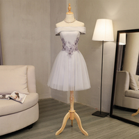 Elegant A line gray off shoulder prom dress, short evening dresses - Thumbnail 1