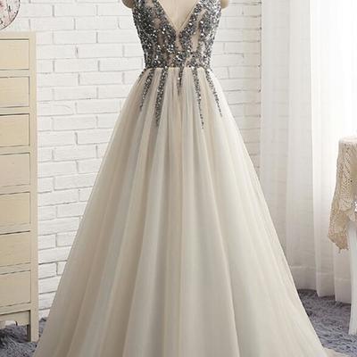 High quality deep v-neckline grey prom dresses, tulle prom dresses with sequins, backless prom dresses