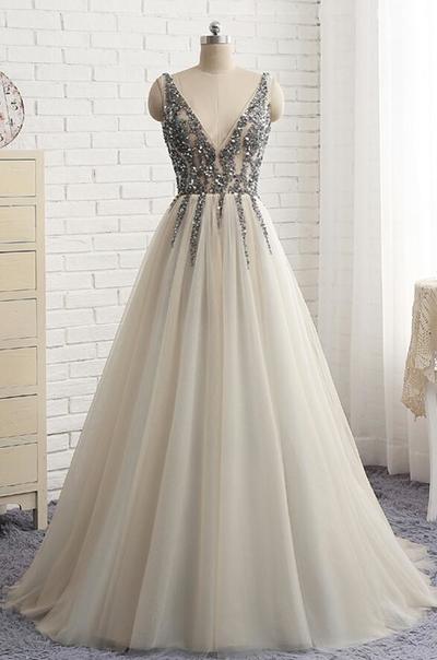 High Quality Deep V-neckline Grey Prom Dresses, Tulle Prom Dresses with Sequins, Backless prom Dresses