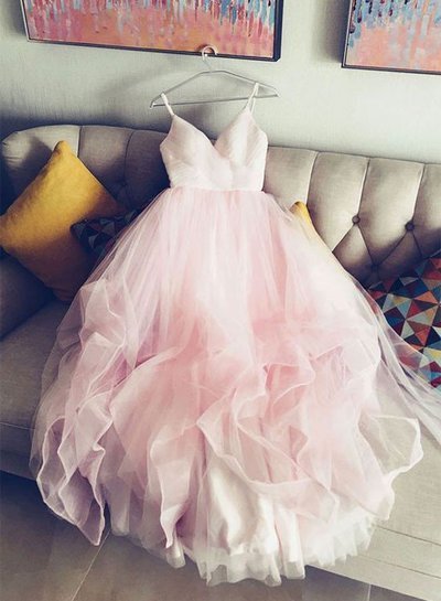Pink tulle v neck long prom dress, pink evening dress