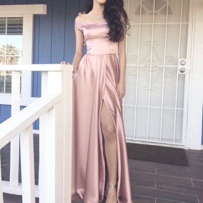 Pink satin a-line off shoulder long prom dress, pink evening dresses - Thumbnail 5