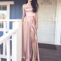 Pink satin A-line off shoulder long prom dress, pink evening dresses - Thumbnail 1
