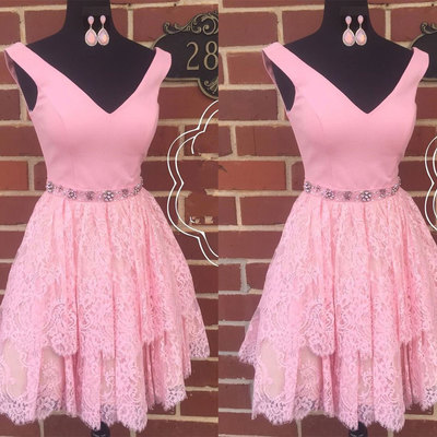 V neck lace homecoming dresses for junior