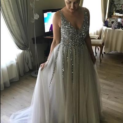 Sexy backless deep v-neck sequins beaded crystal prom dresses long sparkly prom party evening dress p85