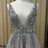 Sexy Backless Deep V-neck Sequins Beaded Crystal Prom Dresses Long Sparkly Prom Party Evening Dress P85 - Thumbnail 1