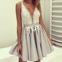 Gray v neck lace applique short prom dress, gray homecoming dress - Thumbnail 1