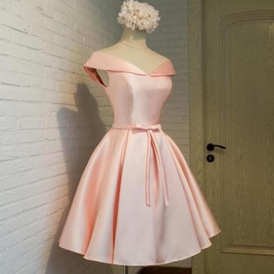  pink lace-up back knee length homecoming dresses, pink formal dresses,off shoulder short formal dress with bow, pink party dress