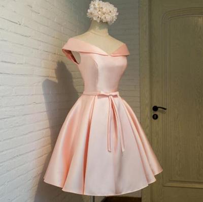  Pink Lace-up Back Knee Length Homecoming Dresses, Pink Formal Dresses,Off Shoulder Short Formal Dress with Bow, Pink Party Dress