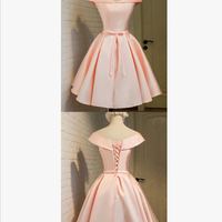  Pink Lace-up Back Knee Length Homecoming Dresses, Pink Formal Dresses,Off Shoulder Short Formal Dress with Bow, Pink Party Dress - Thumbnail 1