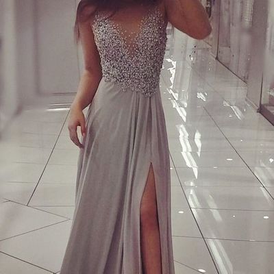 Luxury beaded crystal high slit prom dresses long chiffon prom evening dress p15