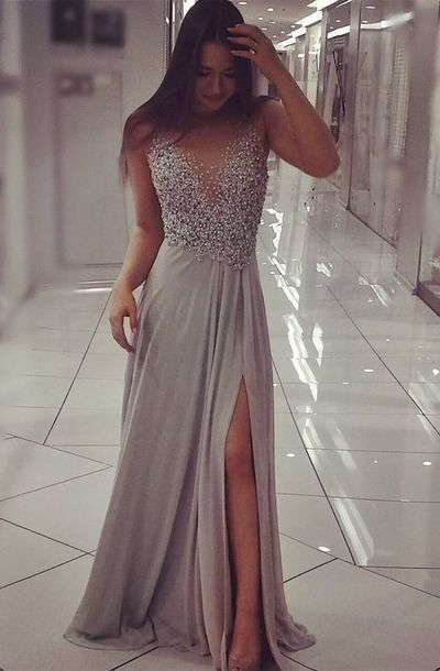 Luxury Beaded Crystal High Slit Prom Dresses Long Chiffon Prom Evening Dress P15