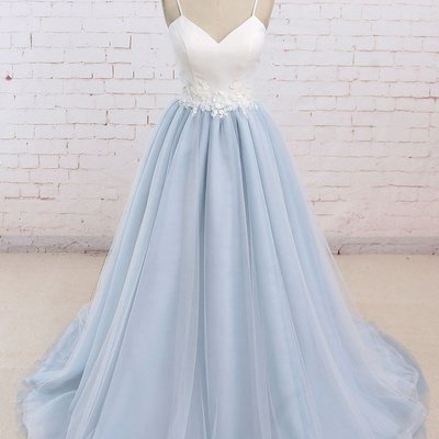 Straps light blue wedding dresses, satin and tulle party gowns, formal dresses