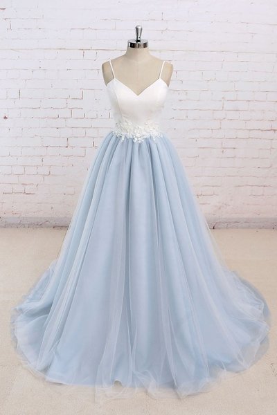 Straps Light Blue Wedding Dresses, Satin and Tulle Party Gowns, Formal Dresses