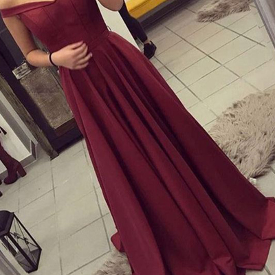 Burgundy off-shoulder a-line ruched prom dresses long prom party evening gowns p17