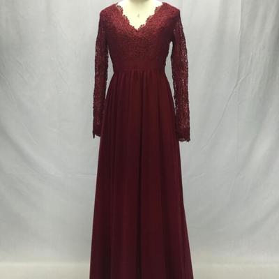  burgundy lace bodice chiffon bridesmaid dresses,wine red prom dress with long sleeves