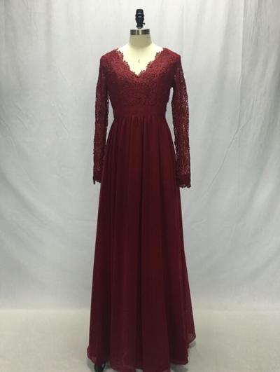  Burgundy Lace Bodice Chiffon Bridesmaid Dresses,Wine Red Prom Dress with Long Sleeves