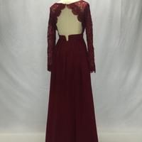  Burgundy Lace Bodice Chiffon Bridesmaid Dresses,Wine Red Prom Dress with Long Sleeves - Thumbnail 1