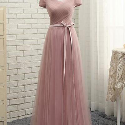 Soft pink off shoulder tulle bridesmaid dresses, long bridesmaid dresses