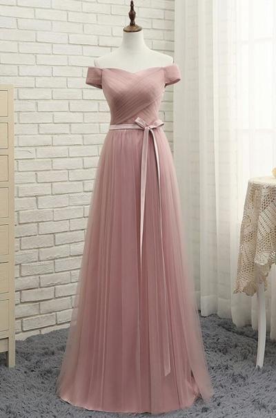 Soft Pink Off Shoulder Tulle Bridesmaid Dresses, Long Bridesmaid Dresses