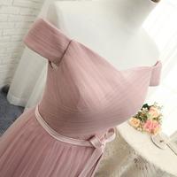 Soft Pink Off Shoulder Tulle Bridesmaid Dresses, Long Bridesmaid Dresses - Thumbnail 1