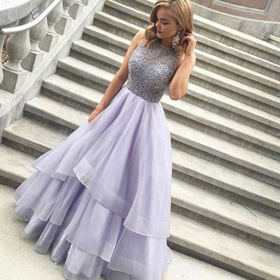 Gorgeous A-line Tiered Ruffles Beaded Crystal Prom Evening Dress Long Prom Dresses P21