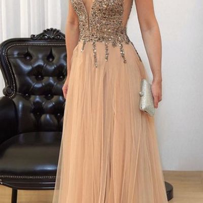 Sexy open back deep v-neck spaghetti straps prom party dresses sparkly beaded crystal long prom evening dress p24
