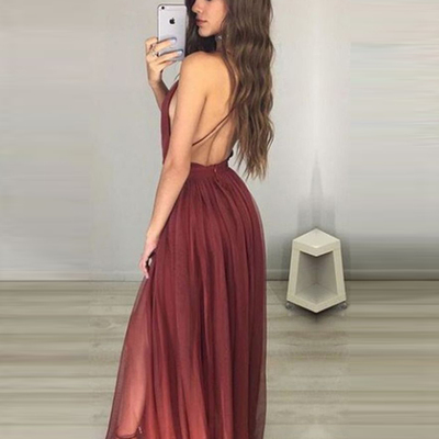 Simple sexy backless deep v-neck high slit long spaghetti straps evening prom dresses p25