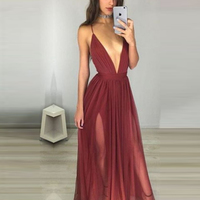 Simple Sexy Backless Deep V-neck High Slit Long Spaghetti Straps Evening Prom Dresses P25 - Thumbnail 1