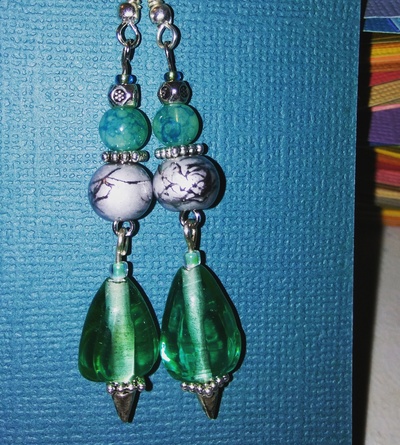 green majestic spiked glass teardrops silver findings earrings