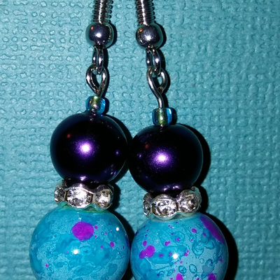 Purple and blue themed acrylic painted glass sphere earrings