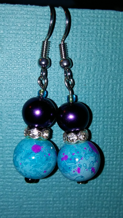 purple and blue themed acrylic painted glass sphere earrings