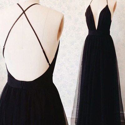 Black prom dress sexy backless deep v-neck spaghetti straps long prom evening dress with slit p28