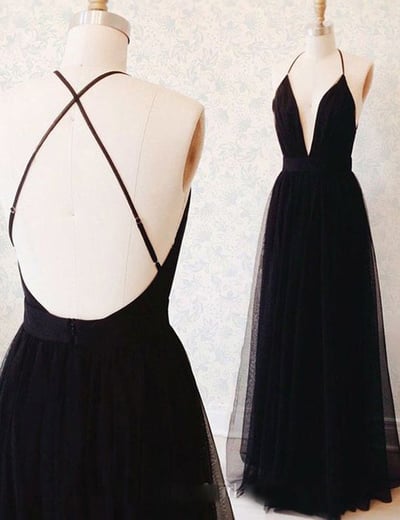 Black Prom Dress Sexy Backless Deep V-neck Spaghetti Straps Long Prom Evening Dress With Slit P28