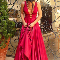 Sexy Backless A-line Deep V-neck Long Prom Evening Dresses Red Prom Dress P31 - Thumbnail 1