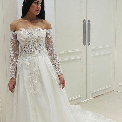 White wedding dress bridal gowns with long sleeves lace - Thumbnail 5