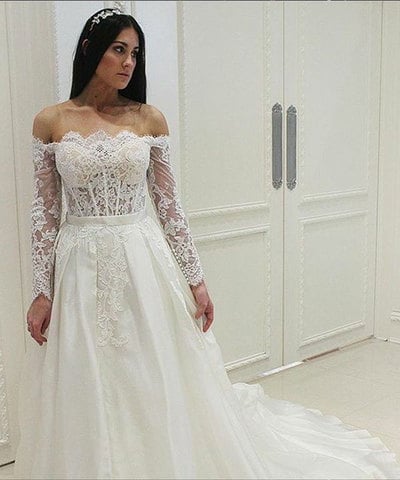 White Wedding Dress Bridal Gowns with Long Sleeves Lace