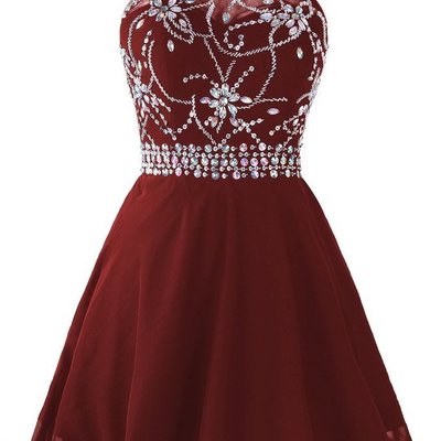 Dark burgundy halter beaded homecoming dresses, short sparkle prom dresses, cute formal dresses