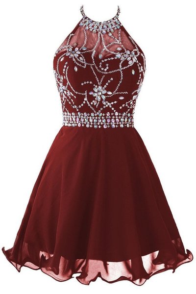 Dark Burgundy Halter Beaded Homecoming Dresses, Short Sparkle Prom Dresses, Cute Formal Dresses