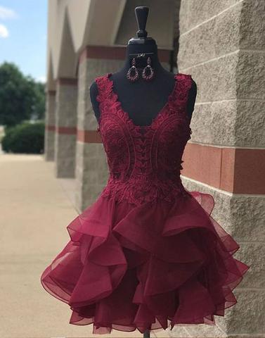 Burgundy v neck lace tulle short prom dress, homecoming dress