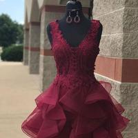 Burgundy v neck lace tulle short prom dress, homecoming dress - Thumbnail 1