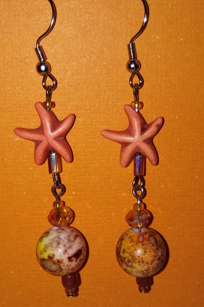 Salmon Splatterpaint and Orange Starfish Earrings